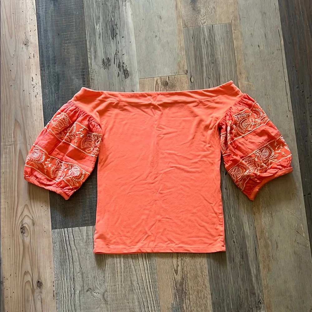 Free People Women's Embroidered Puff Sleeve Top in Orange Size: Small (S)